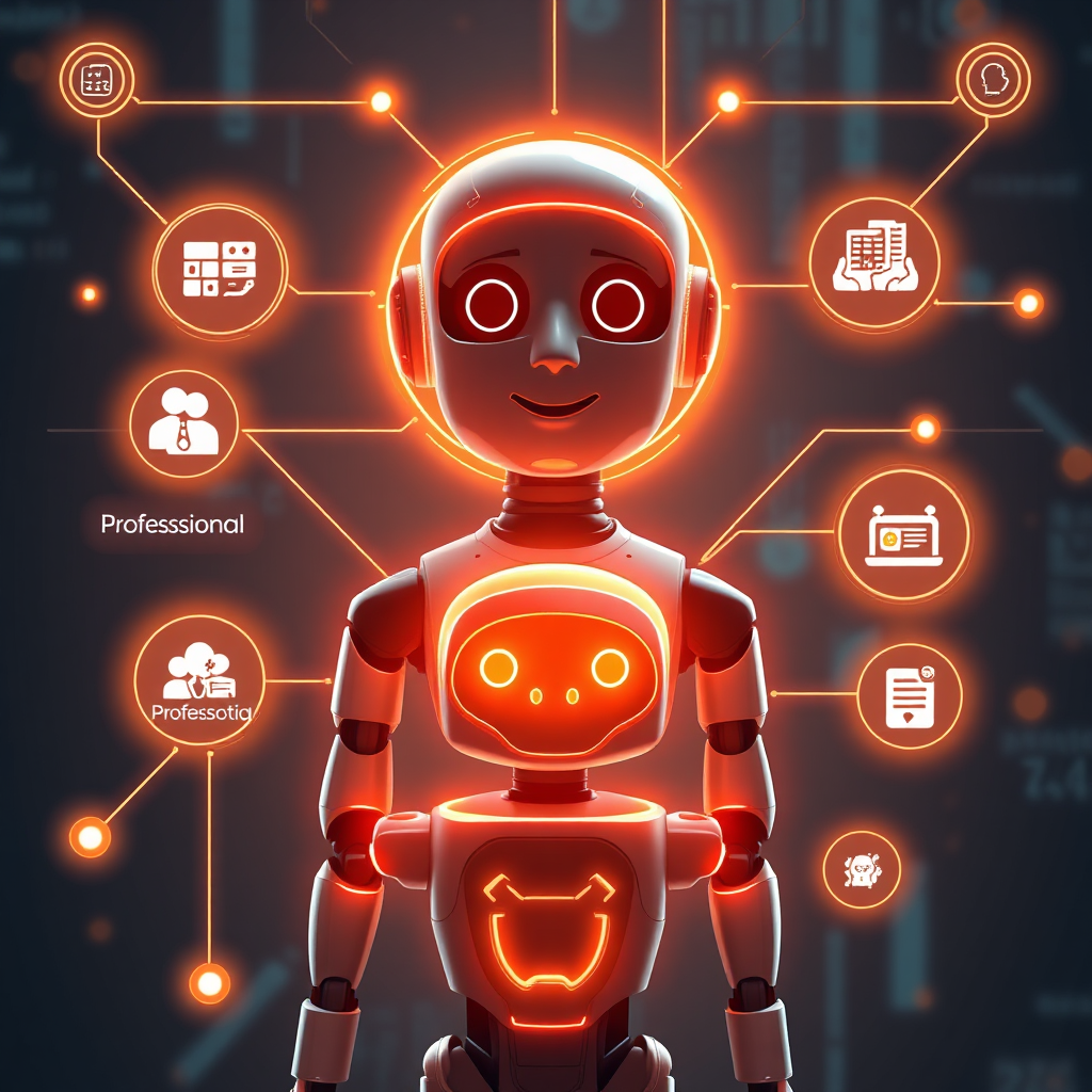 Visualize a futuristic interface with glowing lines connecting a user profile to various professional service icons. The AI is represented by a friendly, helpful robot.