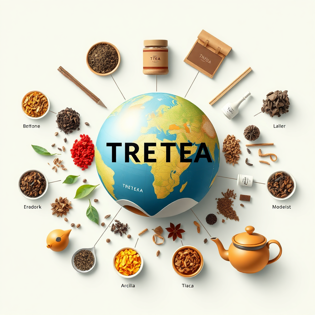 Visualize a globe surrounded by various tea blends and tea accessories. The globe represents the global reach of TRETEA ENTERPRISES, while the tea blends showcase the diversity of flavors offered. The background is a clean and modern design. Style: Conceptual and infographic-inspired. Technical Specs: 4K resolution, vector-based design, vibrant colors.