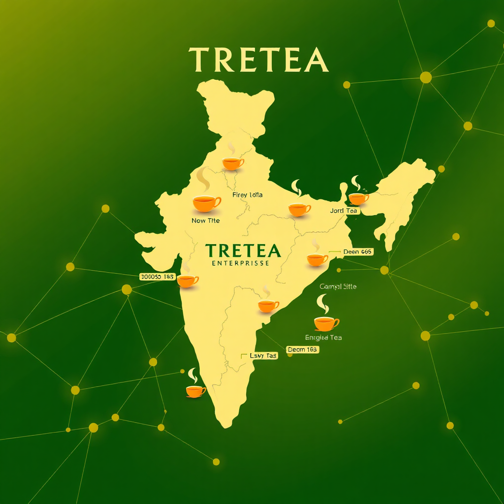 Visualize a map of India dotted with TRETEA ENTERPRISES franchise locations, each represented by a steaming cup of tea. The map is overlaid with a network of interconnected lines, symbolizing the reach and support provided to franchisees. The color palette should be warm and inviting, with shades of green and gold dominating. Style: Modern and infographic-inspired, clean lines, bold visuals. Technical Specs: 4K resolution, vibrant colors, vector-based design.