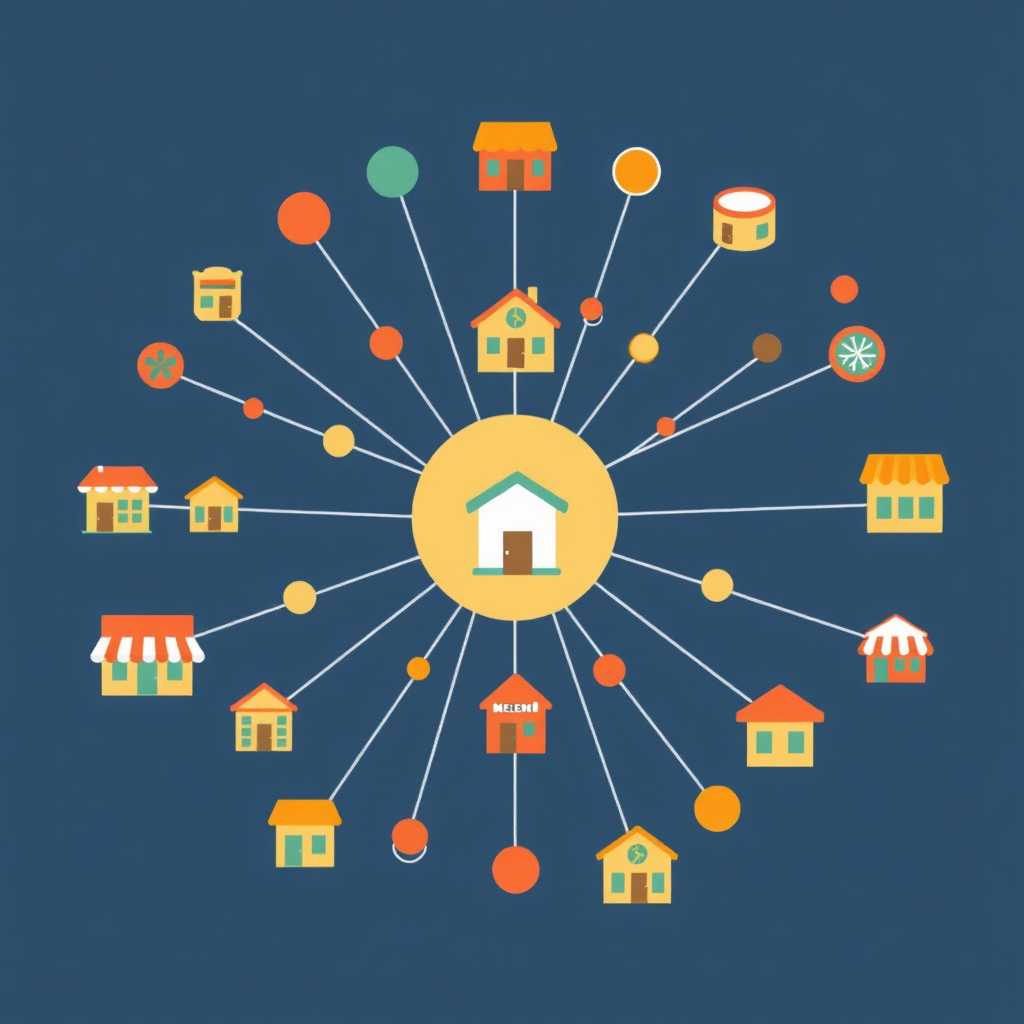 Visualize a network of interconnected nodes representing local businesses, all radiating from a central point representing the platform. The colors should be warm and inviting, symbolizing community.