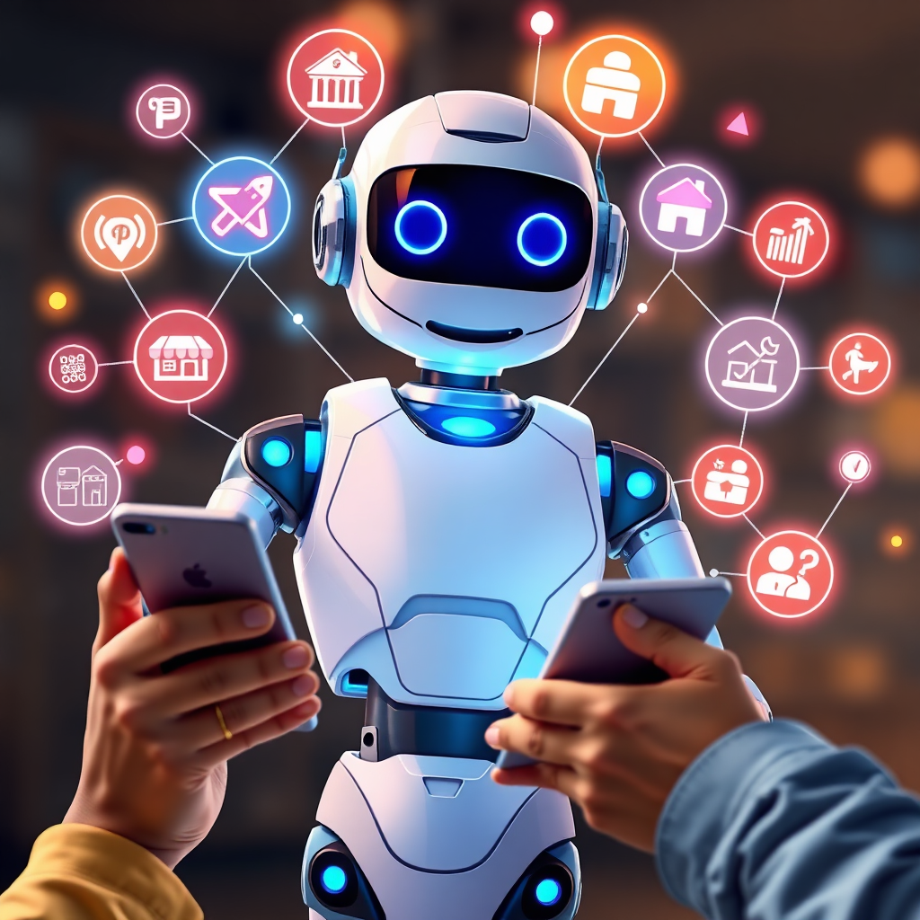 Visualize an AI bot represented by a friendly, helpful robot assisting a person using a smartphone to find a local professional. The bot should be surrounded by glowing data streams connecting to various local business icons. The style should be modern and futuristic with a focus on clean lines and vibrant colors. Use a bright, positive color palette.