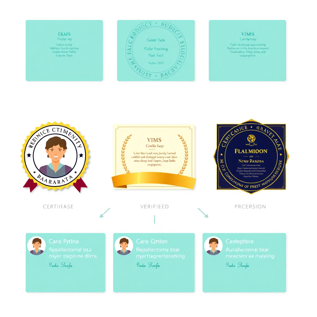 Visualize official-looking badges and certificates displayed alongside professional profiles, representing verified credentials and expertise. The design is clean and trustworthy.