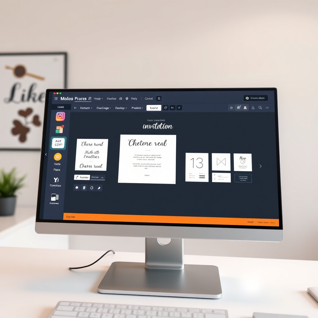 A close-up, photorealistic image of a computer screen displaying the customization options for a digital invitation. The screen features a variety of fonts, colors, and design elements that can be easily adjusted. The background is a clean, modern workspace. Style reference: user-friendly interface, detailed customization. Technical specs: 4K resolution, sharp focus.