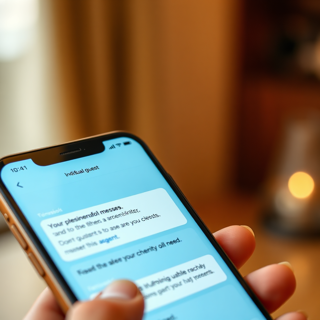 A close-up, photorealistic image of a smartphone displaying personalized messages and reminders sent by an AI agent to individual guests. The messages are tailored to each guest's preferences and needs. The background is a warm, inviting setting. Style reference: personal touch, automated efficiency. Technical specs: 4K resolution, soft lighting.