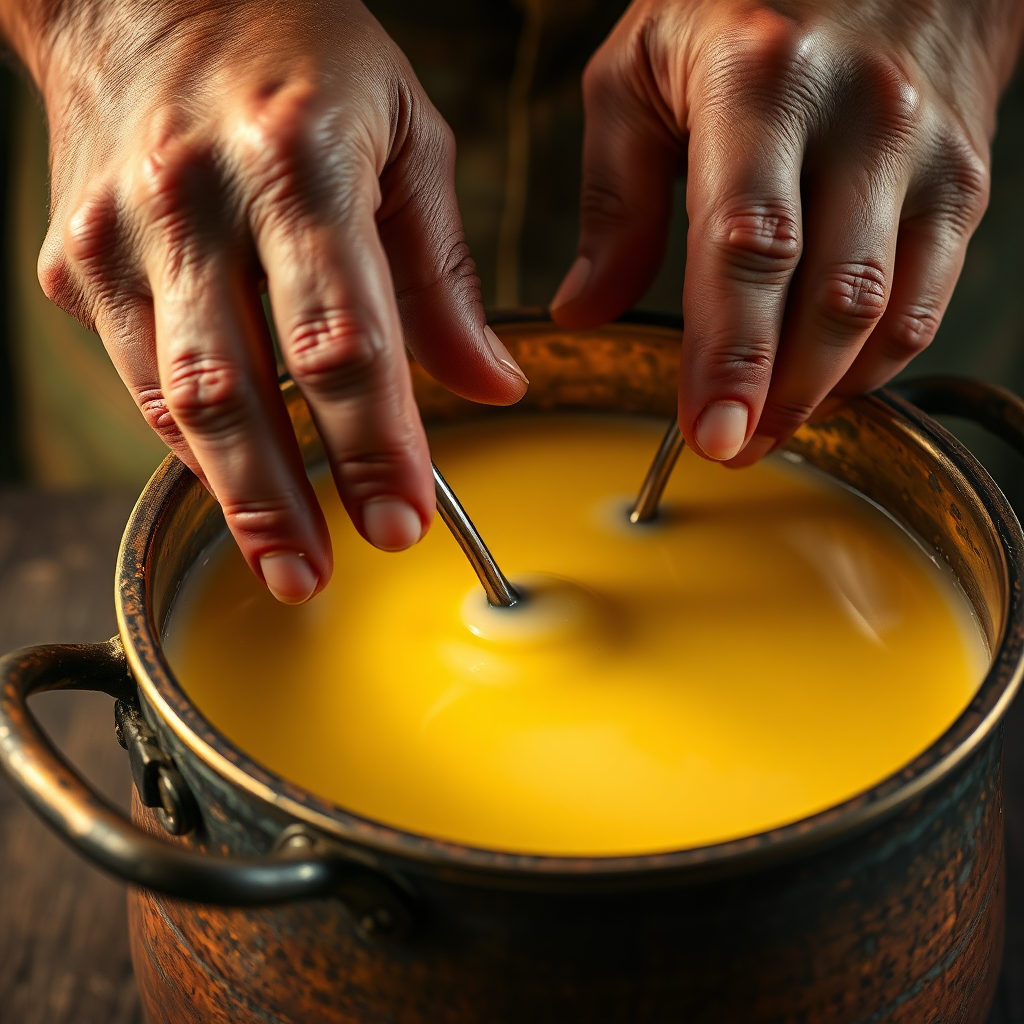 A close-up, photorealistic image of hands carefully stirring golden milk in a copper pot. The hands should show signs of work but also convey a sense of care and dedication. The copper pot should be well-worn and have a rustic charm. The lighting should be warm and inviting, highlighting the texture of the milk and the details of the hands. Style reference: Artisan food photography. Technical specs: 4K resolution, macro lens.