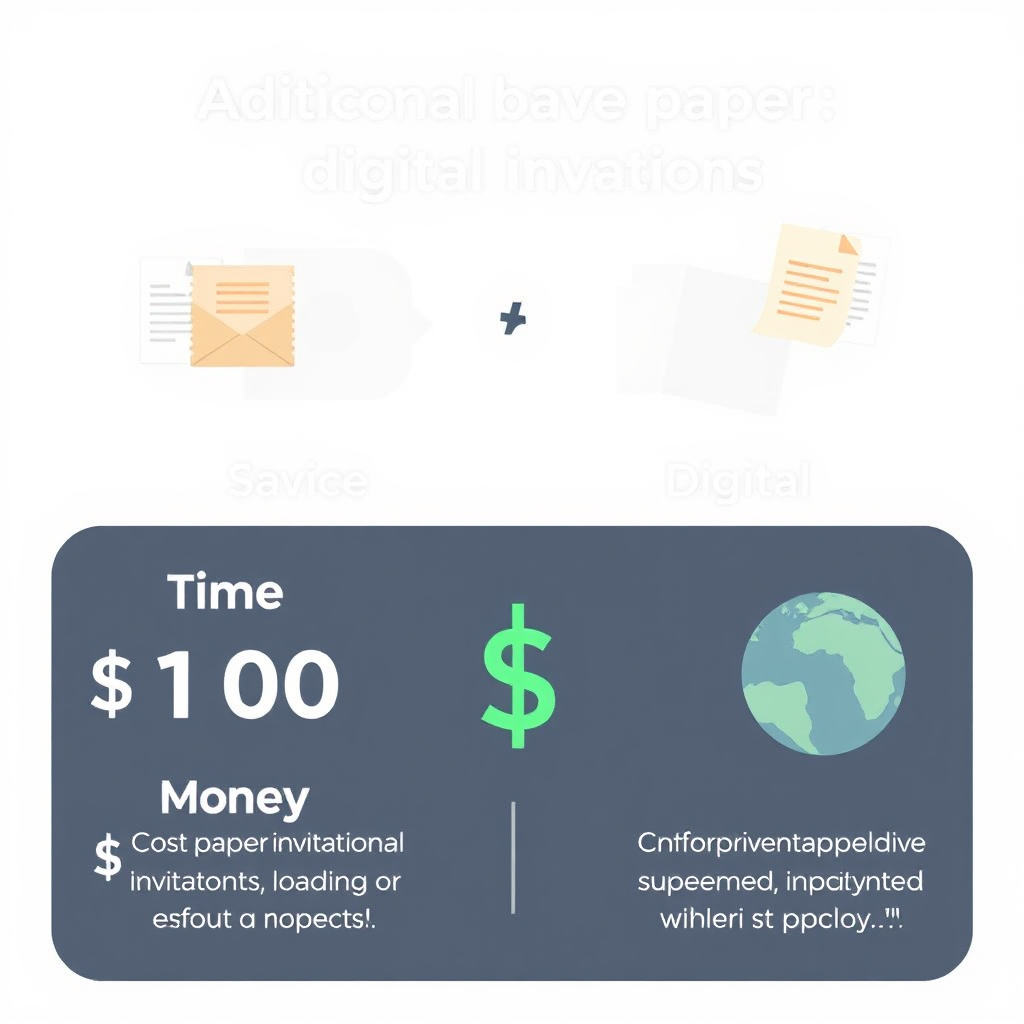 A minimalist, stylized image comparing the costs of traditional paper invitations versus digital invitations. The image highlights the savings in time, money, and environmental impact. The background is a clean, bright color. Style reference: flat design, infographic style. Technical specs: 4K resolution, clean lines.