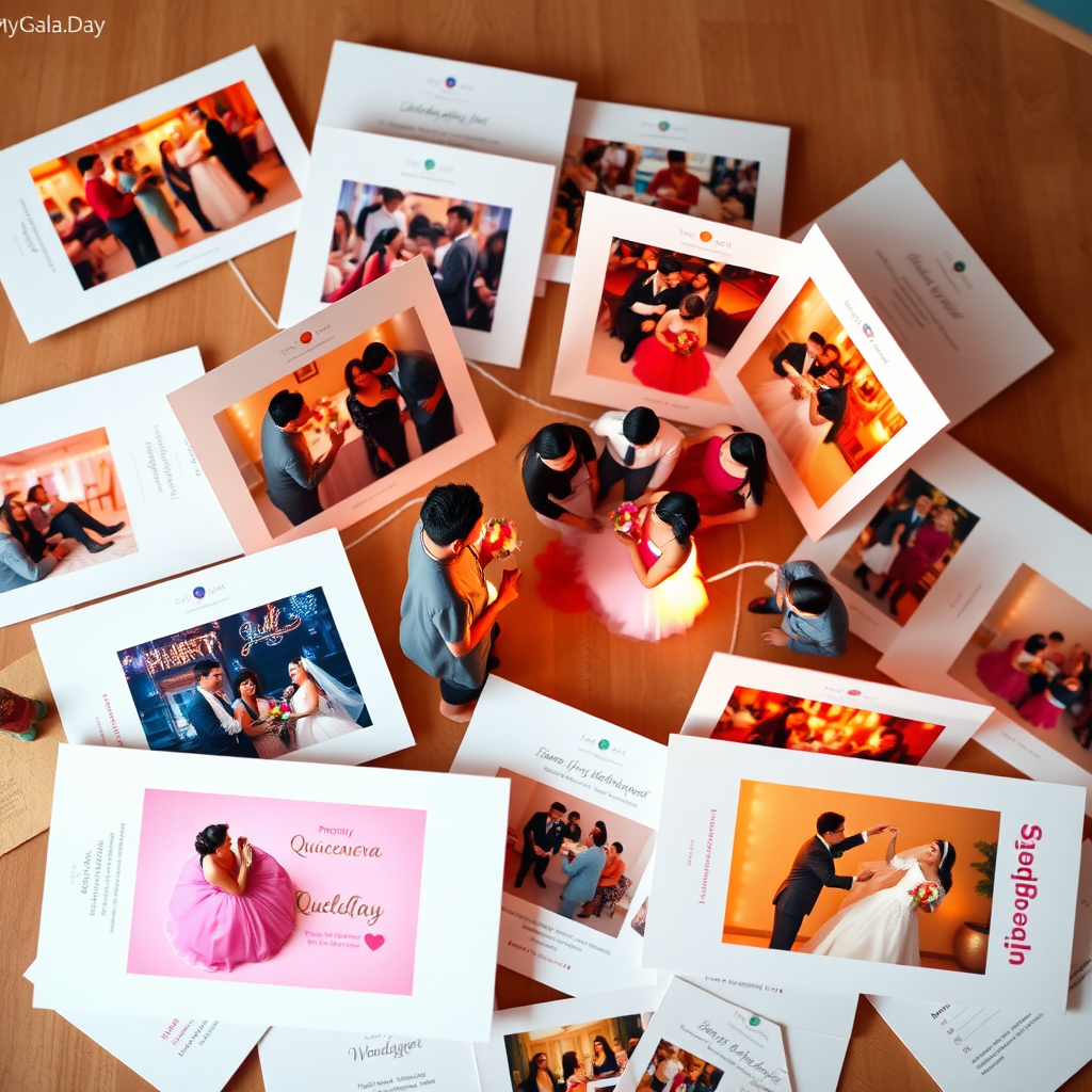 A photorealistic 4K image representing MyGala.Day's mission of creating captivating digital invitations. The image depicts a diverse group of people joyfully interacting at various events (prom, quinceañera, wedding, birthday party), visible as miniature scenes within interconnected, elegantly designed digital invitation cards. The invitations are arranged in a visually appealing network, symbolizing connection and celebration. The color palette is vibrant and celebratory, with warm lighting creating a joyful atmosphere. Camera angle: overhead shot, capturing the interconnectedness of the invitations and the diverse events they represent. Style reference: modern, clean design with a touch of whimsy. Technical specs: 4K resolution, high-quality rendering, vibrant colors.