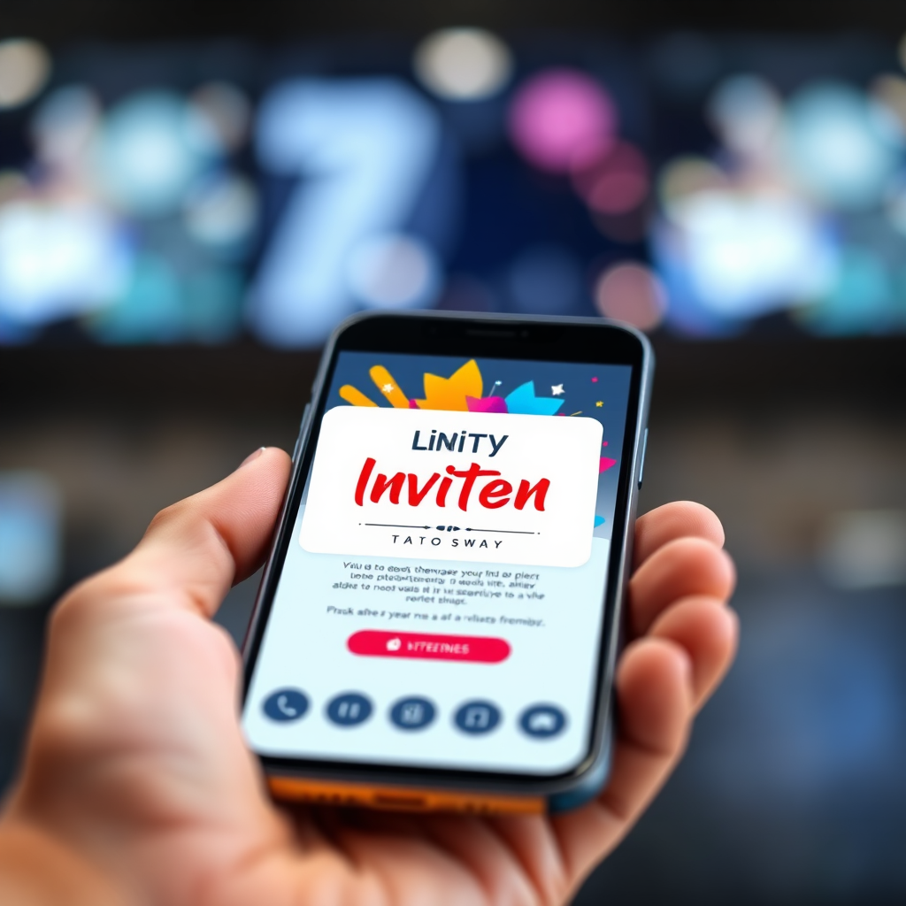 A photorealistic image of a digital invitation popping out of a smartphone screen, grabbing the viewer's attention. The invitation is brightly colored and features dynamic design elements. The background is blurred, emphasizing the invitation. Style reference: eye-catching, dynamic. Technical specs: 4K resolution, shallow depth of field.