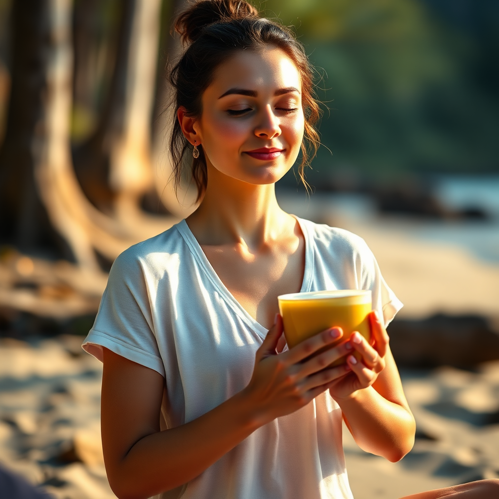 A photorealistic image of a serene individual practicing yoga or meditation while enjoying a cup of golden milk. The setting should be a peaceful, natural environment, such as a beach or a forest. The lighting should be soft and calming, creating a sense of tranquility. The focus should be on the individual's peaceful expression and the comforting presence of the golden milk. Style reference: Wellness lifestyle photography. Technical specs: 4K resolution, shallow depth of field.