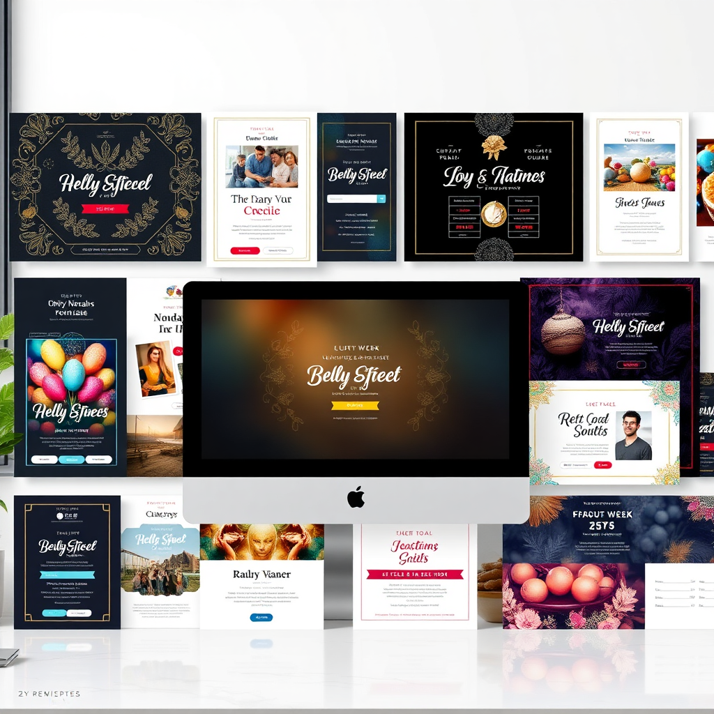 A photorealistic image showcasing a diverse range of customizable digital invitation templates. The templates feature various design styles, color palettes, and themes suitable for different events. The background is a clean, modern workspace. Style reference: diverse, user-friendly. Technical specs: 4K resolution, vibrant colors.