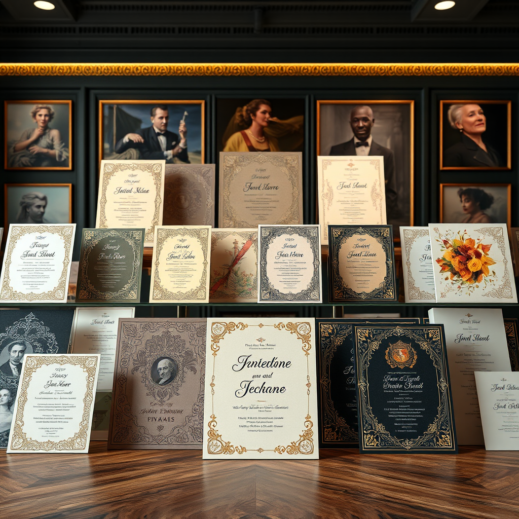 A photorealistic image showcasing a curated collection of unique and exclusive digital invitation designs. The designs feature intricate details, artistic elements, and a wide range of styles. The background is a sophisticated, art gallery-like setting. Style reference: artistic, exclusive. Technical specs: 4K resolution, sharp focus.