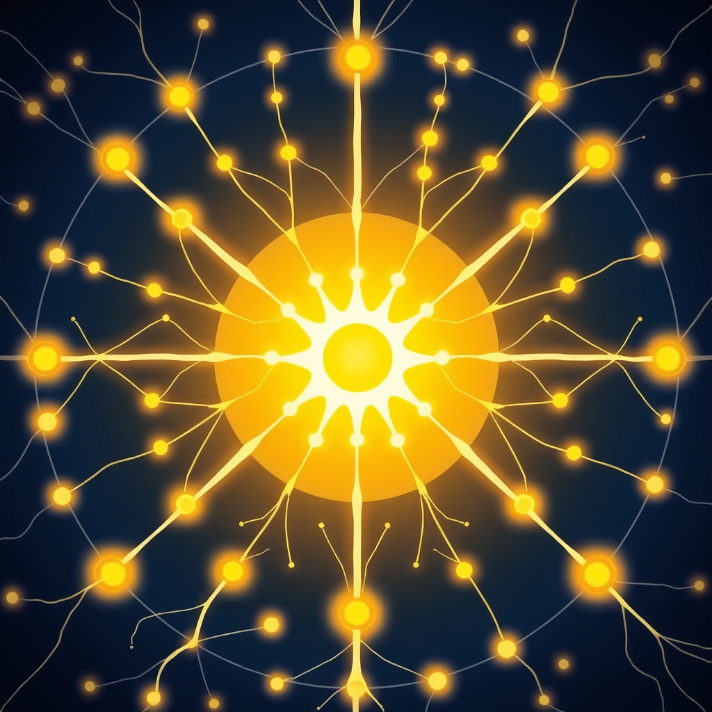 A stylized, abstract image representing the strengthening of the immune system. It could involve interconnected lines or networks symbolizing the body's defense mechanisms, with golden light emanating from the center, representing the revitalizing effect of the golden milk. The overall feel should be energetic and positive. Style reference: Abstract health illustration. Technical specs: 4K resolution, digital art.