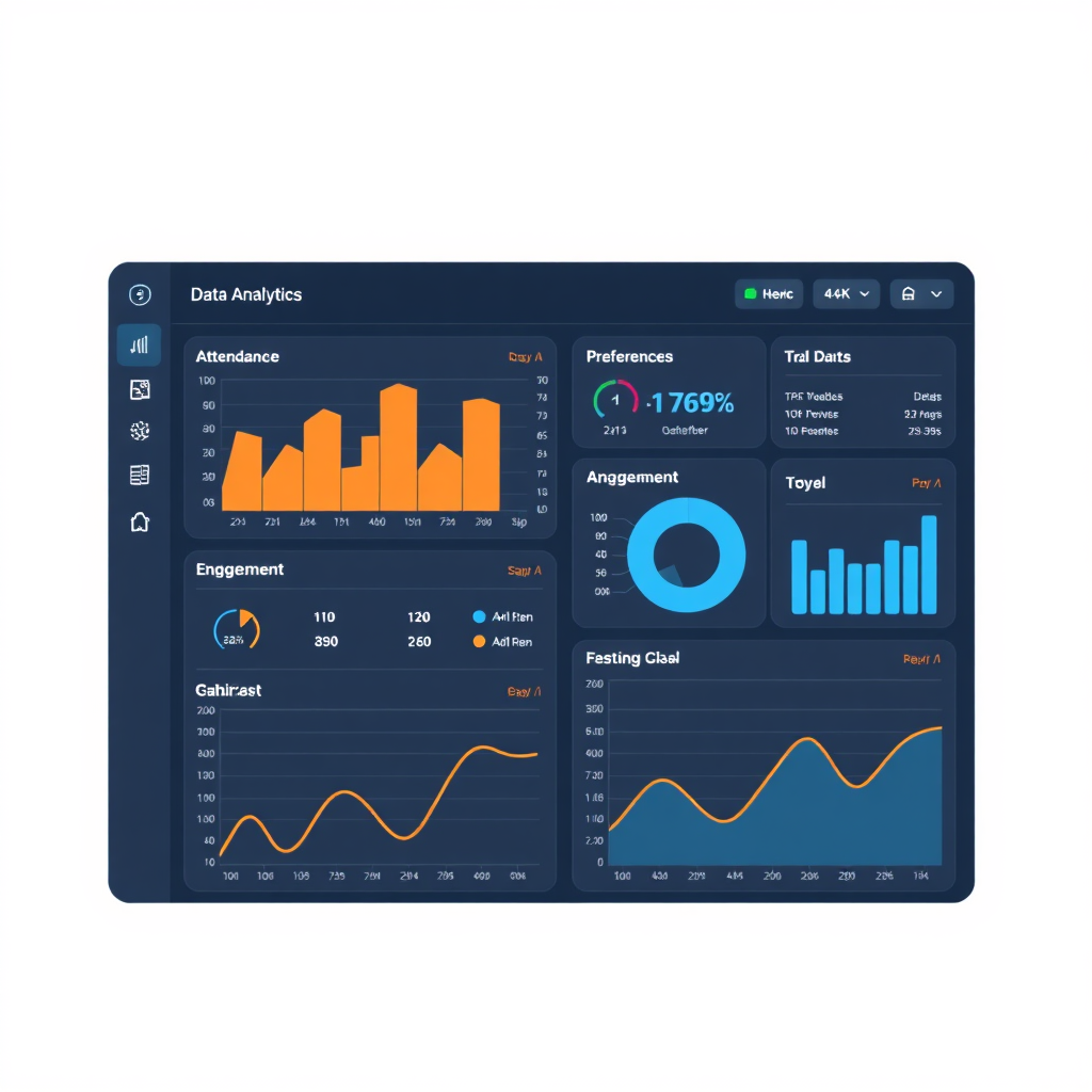 A stylized, minimalist image depicting a data analytics dashboard providing insights into guest attendance, preferences, and engagement. The dashboard displays various charts and graphs visualizing the data. The background is a clean, bright color. Style reference: data-driven, informative. Technical specs: 4K resolution, clean lines.