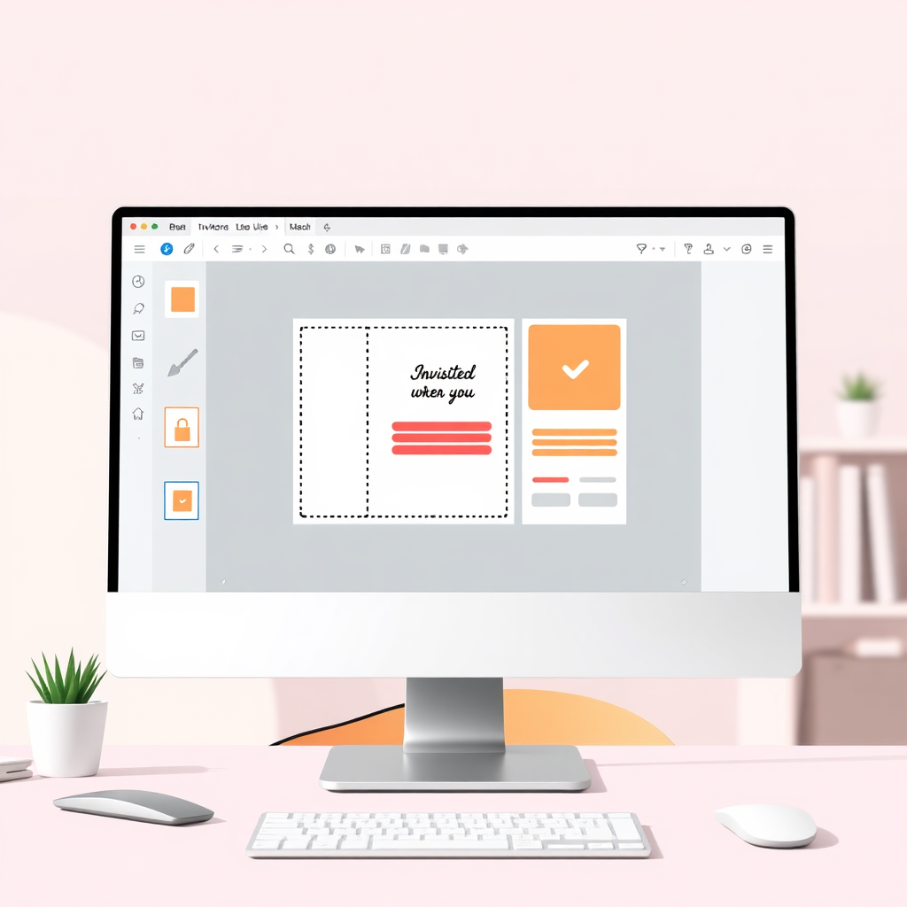 A stylized, minimalist image depicting a digital invitation card being created quickly and easily on a computer screen. The screen displays a user-friendly interface with drag-and-drop elements. The background is a clean, brightly lit workspace. Focus on the speed and simplicity of the design process. Style reference: flat design, vibrant colors. Technical specs: 4K resolution, clean lines.