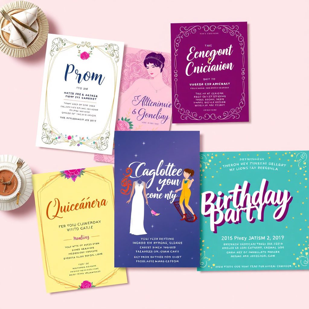 A vibrant, photorealistic collage showcasing various digital invitation designs suitable for different events: a prom, a quinceañera, a wedding, and a birthday party. Each invitation features unique design elements and color palettes, reflecting the specific event. The background is a soft, neutral color. Style reference: diverse, celebratory. Technical specs: 4K resolution, vibrant colors.