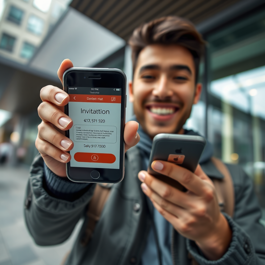 An eye-level, photorealistic image of a person receiving a digital invitation on their smartphone. The invitation features interactive elements such as RSVP buttons, maps, and video clips. The person is smiling and engaged, indicating excitement and anticipation. The background is a modern, urban setting. Style reference: realistic, relatable scenario. Technical specs: 4K resolution, natural lighting.