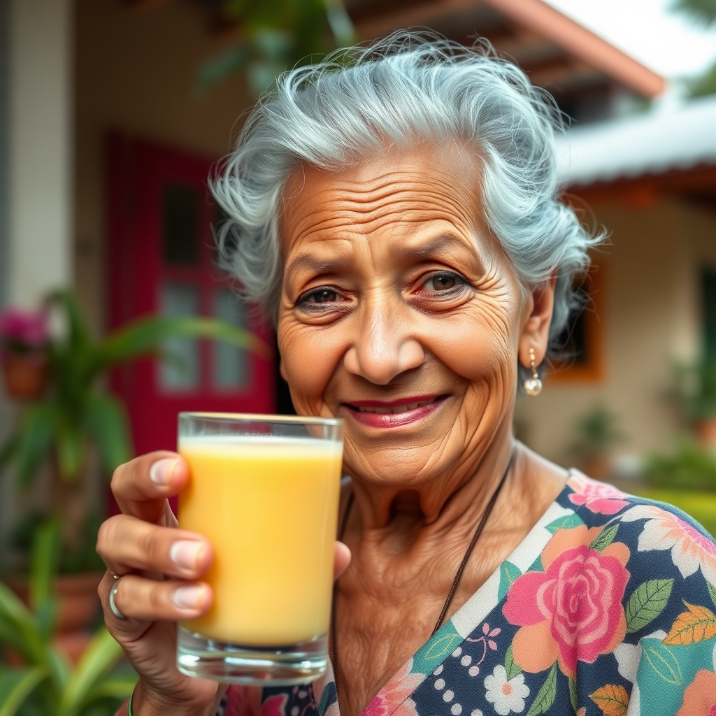 Photorealistic image. An elderly Puerto Rican woman smiling gently, holding a glass of golden milk. Focus on the wrinkles around her eyes, signifying wisdom and experience. Behind her, a blurred background of a traditional Puerto Rican home with vibrant colors and lush greenery. Soft, natural lighting to accentuate the warmth of the scene. The overall feel should be one of comfort, tradition, and the passing down of healthy practices. Technical specs: 4K resolution, shallow depth of field, focus on the woman's face and the golden milk.