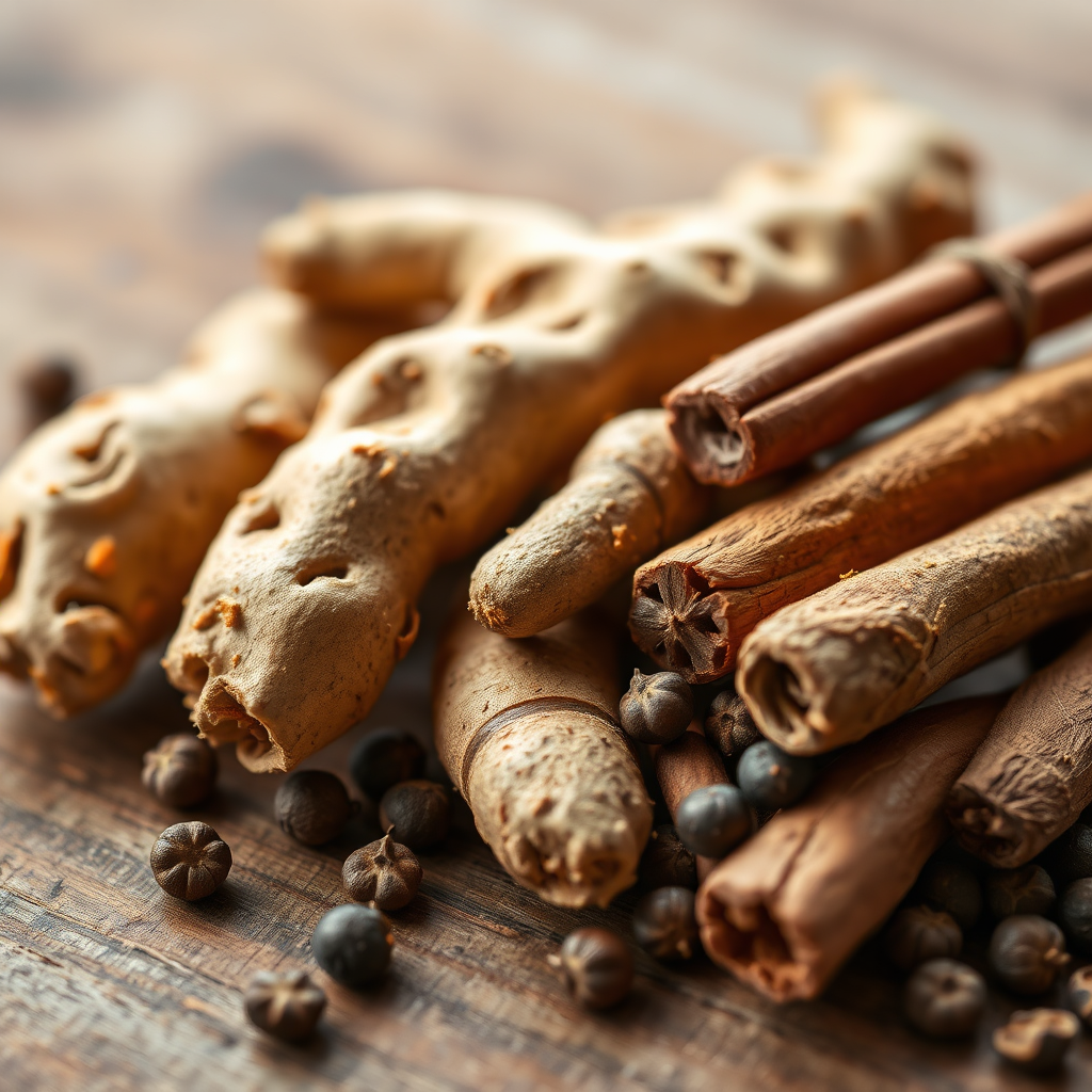 Photorealistic image of a close-up of turmeric root, ginger, cinnamon sticks, and peppercorns arranged artfully on a wooden surface. The focus should be on the textures and colors of the ingredients. Natural light should highlight the details and create soft shadows. The composition should be simple and elegant, showcasing the natural beauty of the ingredients. Style reference: Natural ingredient photography. Technical specs: 4K resolution, macro lens, focus on texture and detail.