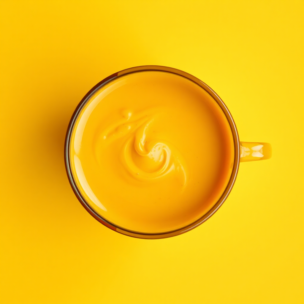 Stylized image of a swirling cup of golden milk, shot from above. The milk should be richly colored and textured, with visible spices swirling within. Use vibrant, contrasting colors to make the image pop. The background should be minimalist and clean, perhaps a solid color that complements the golden milk. Create a sense of movement and dynamism within the image. Style reference: Abstract food photography. Technical specs: 4K resolution, high contrast, focus on color and texture.