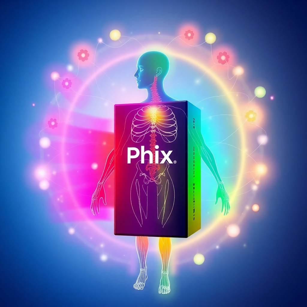 A stylized image combining a representation of healthy body systems with the Phix product.  Think vibrant colors representing energy flow around the Phix box, possibly in the style of a scientific illustration.