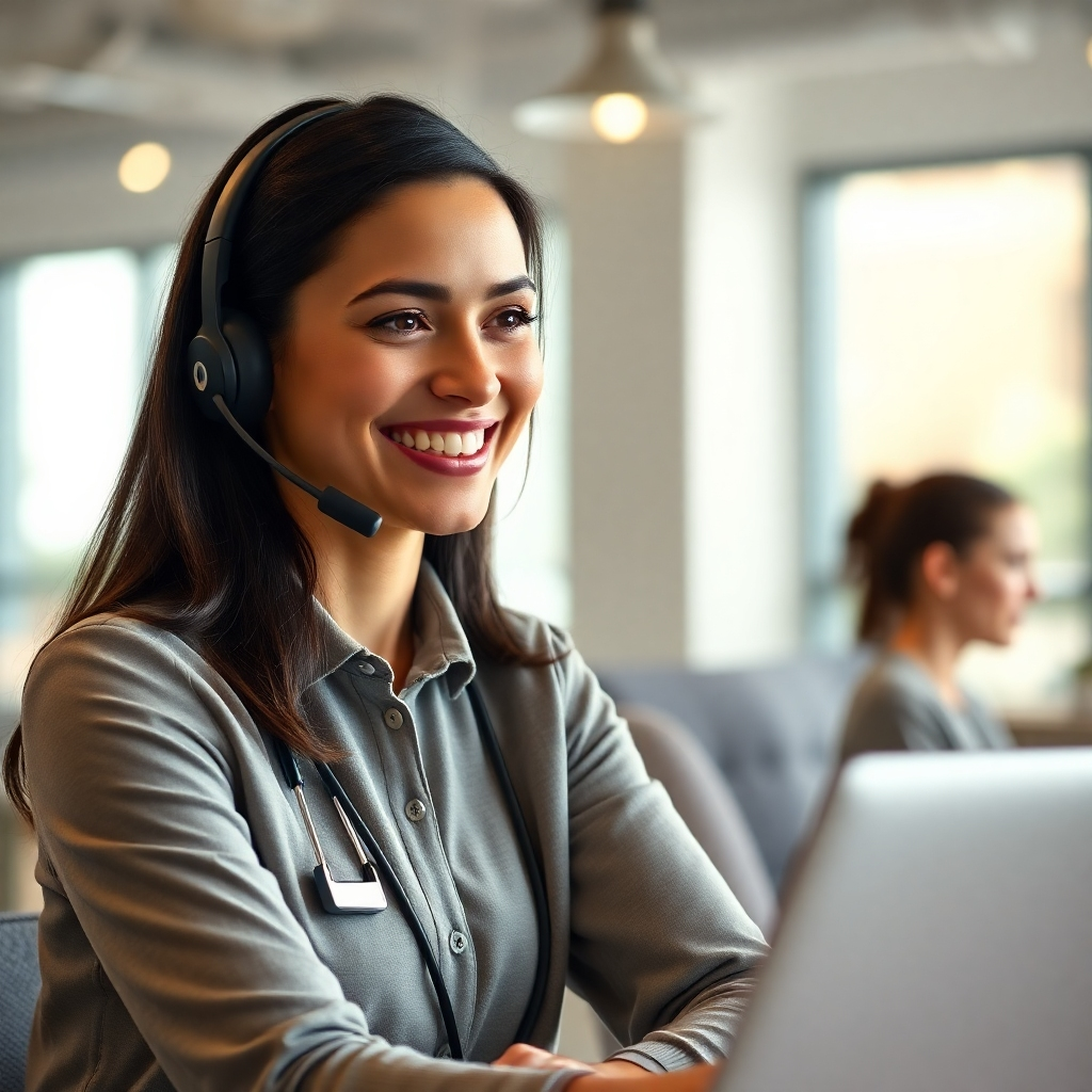 A photorealistic image depicting a smiling customer service representative attentively listening to a customer, with a warm, inviting office setting in the background.  The representative should be making eye contact and have a posture indicating attentiveness. The lighting should be soft and natural. High detail, 8k resolution, focus on genuine human interaction