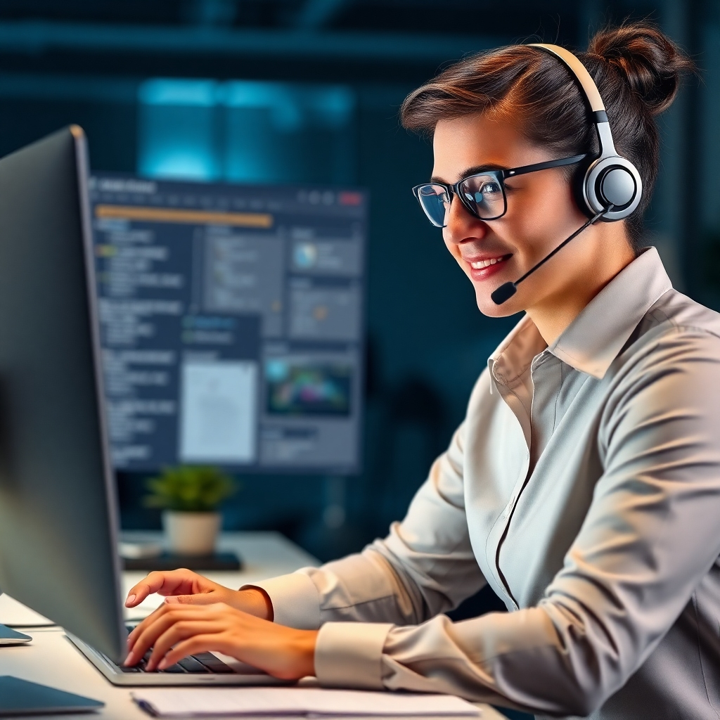 A photorealistic image of a customer service agent confidently working on a computer, displaying a calm and focused demeanor, actively addressing a customer's problem. The background should show various support tickets or a help desk interface subtly, highlighting the problem-solving aspect. The overall tone should convey efficiency, competence, and proactiveness in a professional workspace setting.