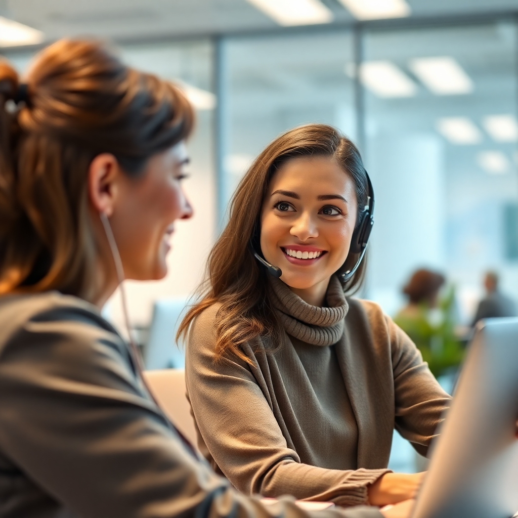 A photorealistic image of a friendly customer service representative attentively listening to a customer with a warm, empathetic expression, making eye contact, in a brightly lit, modern office setting. The background should be subtly blurred to focus on the interaction.  The representative should be nodding occasionally, showcasing active listening. The customer should have a relaxed and comfortable expression.
