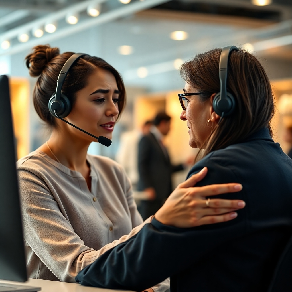 A photorealistic image showing a customer service representative offering comfort and support to a frustrated customer. The setting could be a modern call center or a retail store, showcasing genuine human interaction focused on emotional connection. The lighting should be natural and the scene should portray empathy. High detail, 8k resolution, focus on genuine human emotional interaction