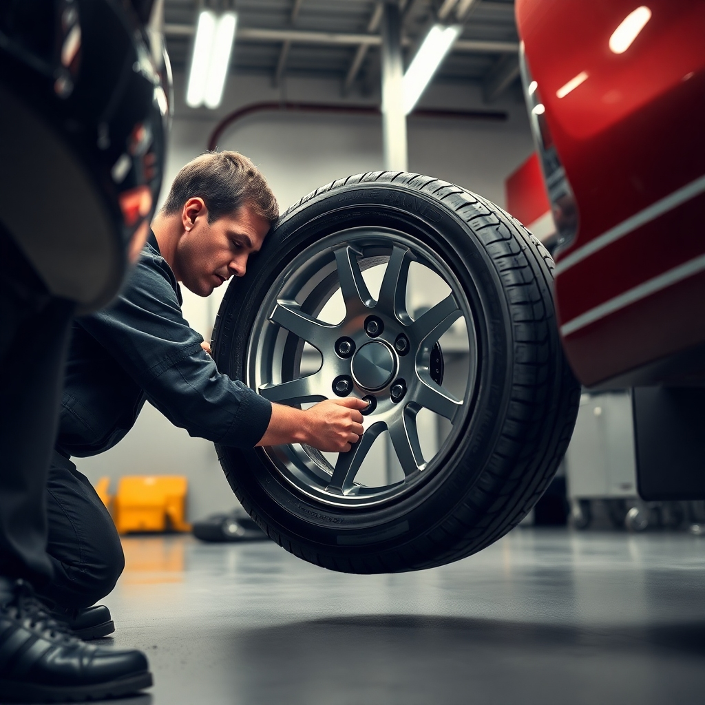 A photorealistic image showcasing a mechanic expertly installing a new tire onto a rim, highlighting precision and efficiency. The scene should be set in a clean, well-lit garage. Maintain 8k resolution, showcasing the details of both the equipment and the process. The overall mood should communicate skill and efficiency.