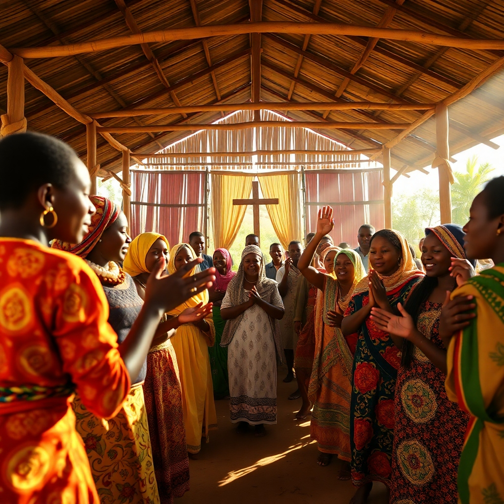 A photorealistic image depicting a vibrant church service in a rural African village. Show a blend of traditional African attire and Christian symbols like crosses and biblical imagery interwoven seamlessly. The lighting should be natural, sunlight streaming through an open-air structure, with villagers singing and dancing joyfully, focusing on the expressions of faith and cultural unity.  High detail, 8k resolution