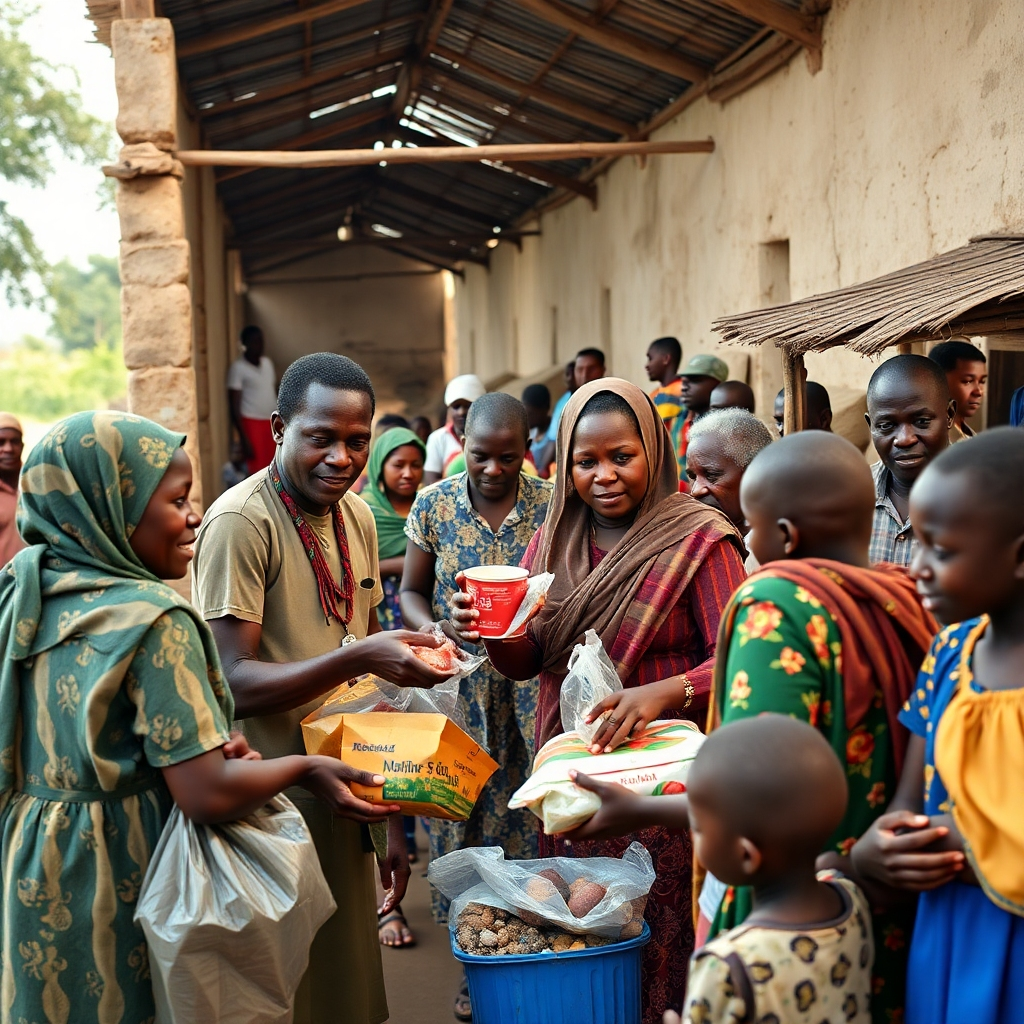 A photorealistic image depicting an African church actively involved in community outreach. Show volunteers distributing food or medical supplies in a bustling African market or village setting. Include children playing nearby while adults work together cooperatively. The image should emphasize the sense of community and mutual support, showcasing both faith and action. High detail, 8k resolution