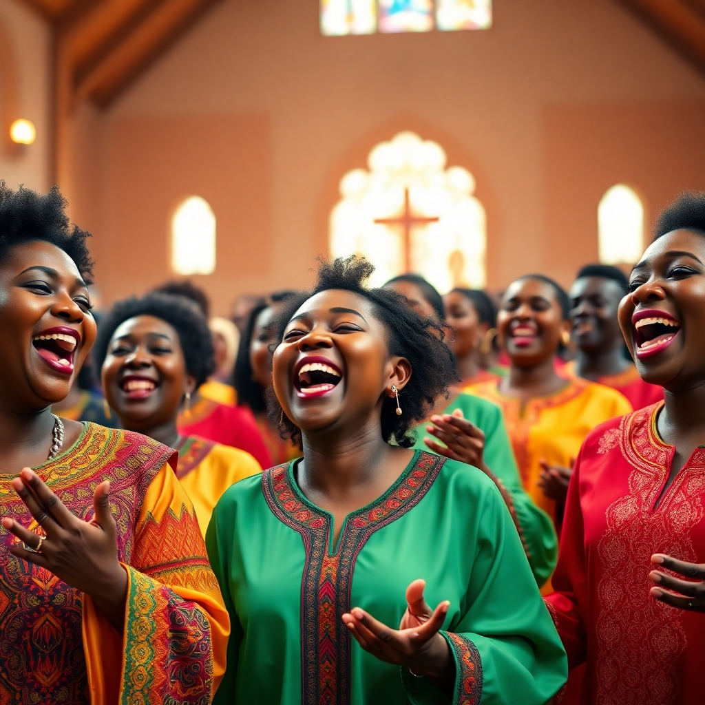 A photorealistic image of a joyous church choir, predominantly African, singing and dancing during a service. The choir should be dressed in brightly colored, traditional African robes. The scene should be filled with movement and energy, focusing on the expressions of joy and devotion. The setting should be a church interior with warm, inviting lighting, highlighting the vibrant colors and joyful expressions. High detail, 8k resolution