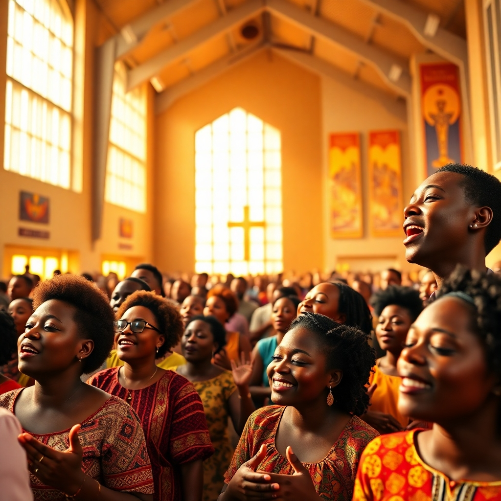 Generate a photorealistic, ultra-high quality 8K resolution header image depicting a vibrant Sunday service at Christ Fortress Family Church Vienna. The composition should showcase a diverse congregation of joyful African people of all ages, singing and praising in a modern, spacious church hall with high ceilings and large windows letting in warm, golden sunlight. The lighting should be bright and natural, emphasizing the warmth and energy of the scene. The color palette should be rich and saturated, incorporating warm earthy tones (browns, oranges, yellows) reflecting African culture, with accents of vibrant blues and greens. The mood should be uplifting, celebratory, and spiritually fulfilling.  The camera angle should be slightly elevated, offering a dynamic perspective that captures the congregation's energy. The image should feature a mix of textures, from the smooth, polished floors to the intricately woven fabrics of clothing, suggesting a sense of richness and tradition. The background should include subtle details such as traditional African art, banners with uplifting messages, and warm lighting illuminating the faces of the worshippers. The overall style should be inspired by contemporary photography with a touch of classic portraiture, evoking emotion and connection.  The image must be hyperrealistic with exceptional detail, particularly in skin tones, clothing textures, and facial expressions, evoking a feeling of genuine joy and faith.  The overall aesthetic should be similar to high-end National Geographic photography or a powerful image campaign for a major religious organization., ultra high resolution, photorealistic, 8K, hyperdetailed, cinematic lighting
