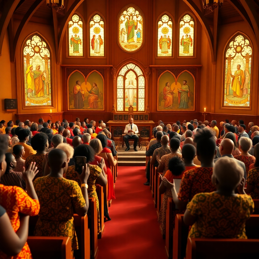Photorealistic image, 8K resolution, hyperrealistic detail.  A wide shot of a joyous Sunday service at Christ Fortress Family Church Vienna.  Warm, golden light streams through stained-glass windows depicting African scenes. The church is filled with a diverse congregation of people of African descent, dressed in brightly colored traditional and modern clothing, singing and praising. The main focus is on the altar area, where the pastor stands delivering a passionate sermon.  The air is filled with energy and the colors are rich and vibrant, reflecting the joy and spirituality of the event.  The camera angle is slightly elevated, providing a view of the entire congregation. Include detailed textures on the wooden pews, the intricate patterns of the kente cloth worn by some attendees, and the warm glow of candlelight. The overall mood is celebratory and uplifting. Style reference:  a combination of the photographic style of Steve McCurry and the painterly style of Kehinde Wiley.  Include subtle motion blur to convey the energy of the singing and dancing.