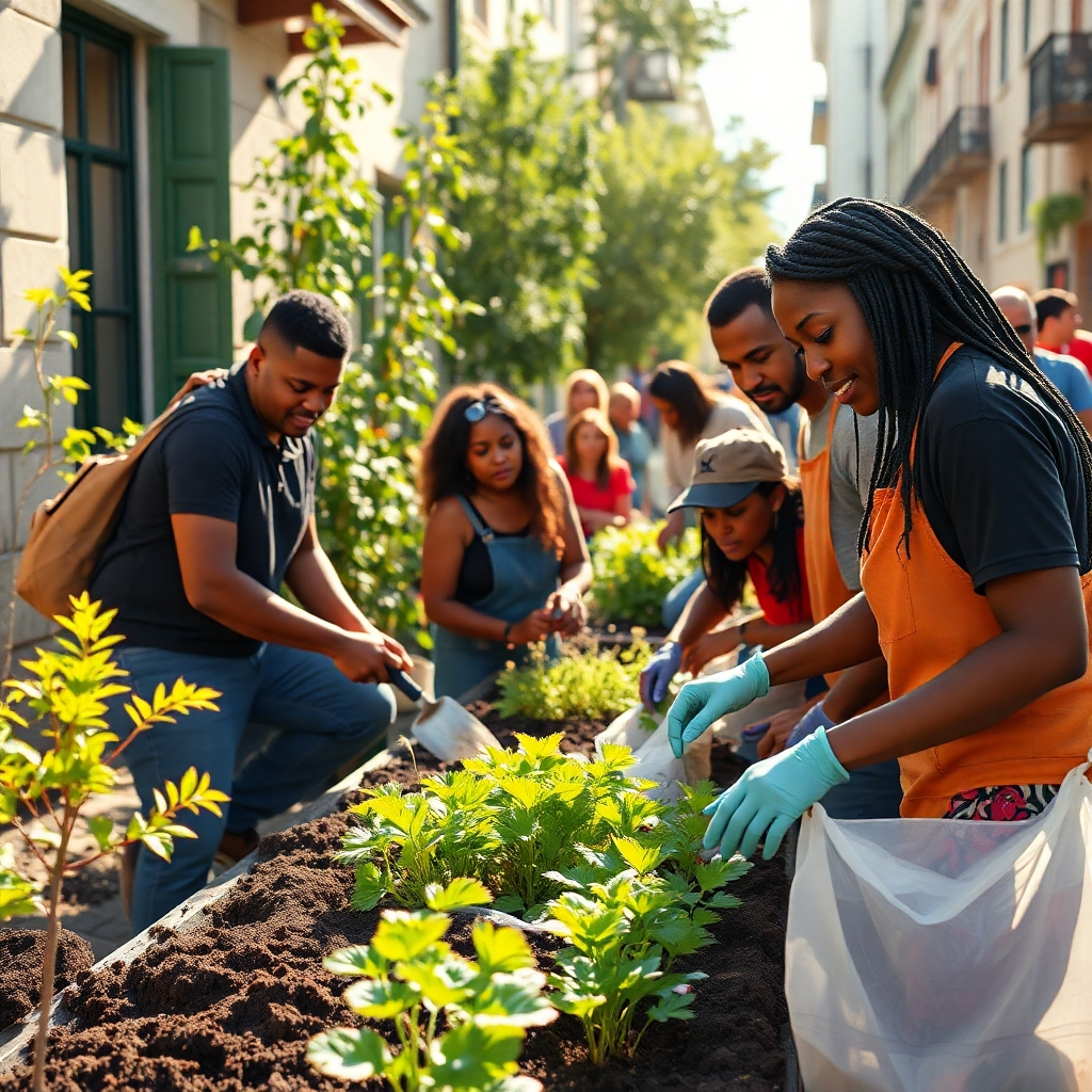 Photorealistic image, ultra-high definition, 8K resolution.  A medium shot of Christ Fortress Family Church Vienna volunteers engaging in a community outreach program in a vibrant, bustling Viennese neighborhood.  The image should capture natural, warm sunlight, with soft shadows adding depth. The volunteers, a diverse group of people of African descent and local Viennese residents, are collaborating on a community garden, with visible gardening tools and lush plants.  The atmosphere is collaborative and uplifting.  The color palette is realistic and vibrant, reflecting both the community and the church. Details should showcase the textures of the soil, the plants, and the volunteers' clothing. The camera angle should be slightly elevated, emphasizing both the scope of the project and the individual interactions. The image should capture a sense of community, hope, and shared purpose. Style reference: a blend of photojournalistic realism (documentary style) and the hopeful aesthetic of social impact photography.