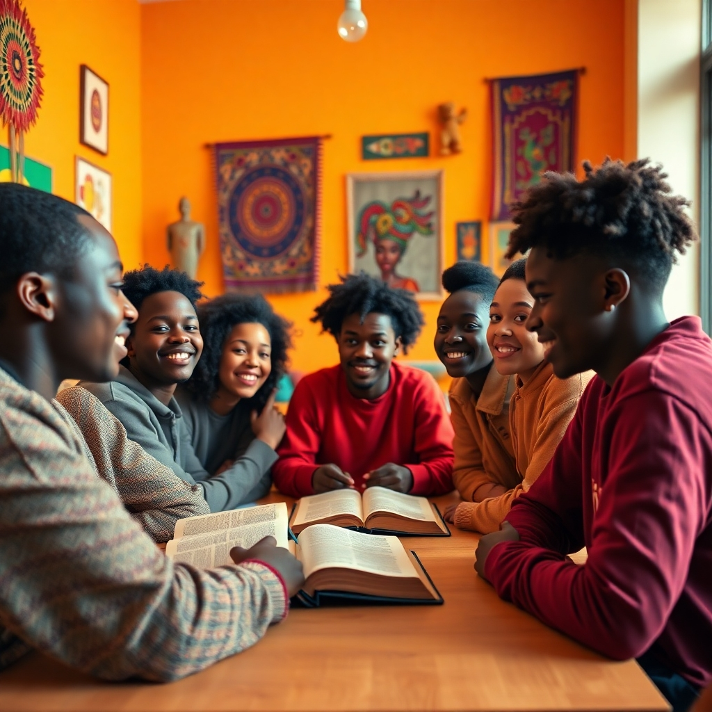 Photorealistic image, ultra-high quality, 8K resolution.  A medium shot of a lively youth group meeting at Christ Fortress Family Church Vienna. Soft, diffused lighting creates a welcoming atmosphere in a modern, brightly colored youth room. The image shows teenagers of African descent actively participating in a Bible study, with expressions of engagement and joy. The room is decorated with African-inspired artwork and textiles, including vibrant wall hangings and patterned cushions.  The walls are painted in cheerful, warm tones. Details should include the textures of various materials: the worn pages of Bibles, the soft fabric of clothing, and the smooth surfaces of tables.  The camera angle is slightly low, creating a sense of intimacy and connection. The overall mood is positive, energetic, and hopeful.  Style reference:  contemporary photojournalism with a focus on vibrant color and genuine emotion. The lighting emphasizes both the individuals and the collective unity of the group.