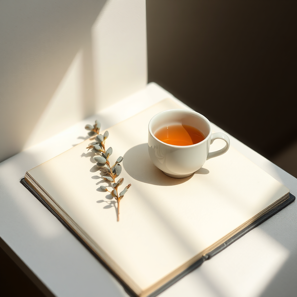 Teacup and journal in soft light