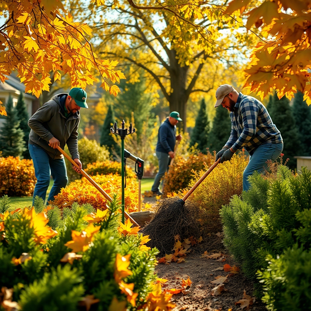 A dynamic image portraying a team clearing leaves and debris from a well-kept garden in autumn. Golden leaves contrast beautifully with evergreen plants. Natural sunlight filters through tree branches, creating dappled light effects that provide warmth to the scene. The composition allows for an eye-catching view of the hard work, with tools and completed sections in focus. The output is a 4K resolution image that highlights the essence of seasonal outdoor care.