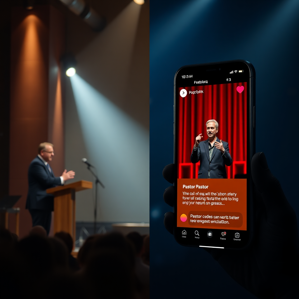 Pastor preaching vs mobile engagement split screen