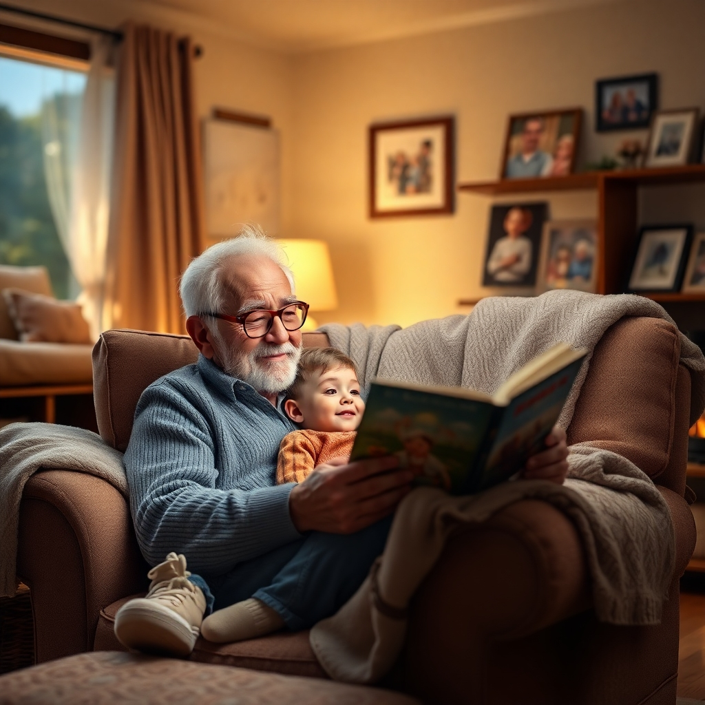 A photorealistic image depicting a heartwarming scene: A grandfather with twinkling eyes reads a bedtime story to his grandchild.  They are nestled together on a comfy armchair in a warmly lit living room, surrounded by family photos and soft blankets. The image should evoke feelings of love, family, and the magic of storytelling.
