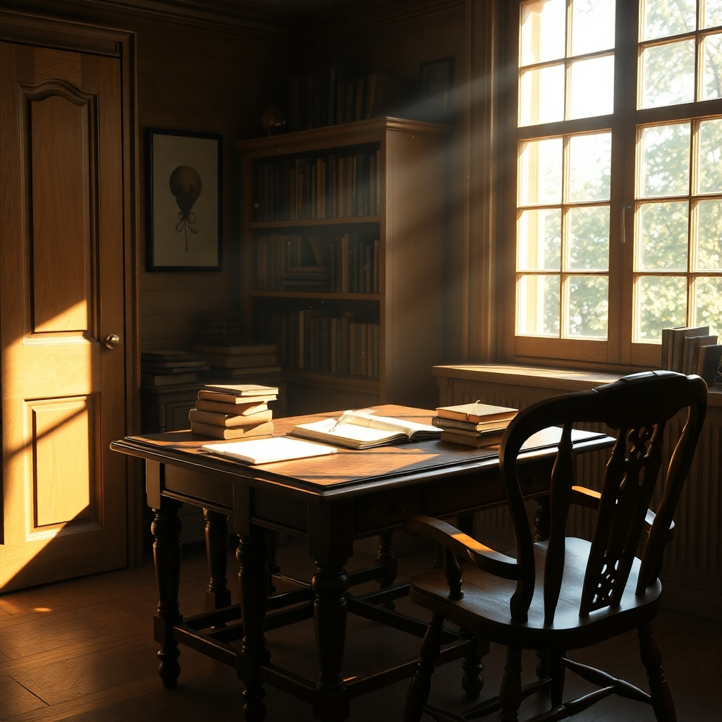 A photorealistic image of a cozy, well-lit study.  Sunlight streams through a large window, illuminating dust motes in the air.  A wooden writing desk sits center frame, cluttered with books, a half-written manuscript, a quill pen, and an antique wooden chair.  The overall mood should be one of peaceful contemplation and quiet productivity.