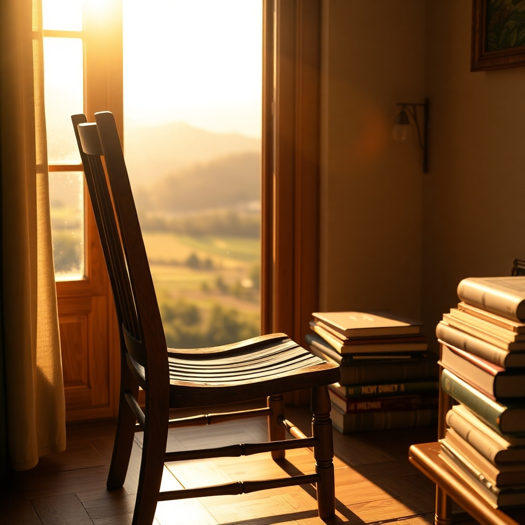 A photorealistic image of a worn wooden chair sitting in a sunlit room overlooking a serene landscape.  Dust motes dance in the golden light streaming through a window. Books are stacked neatly on a nearby table. The overall mood is peaceful and contemplative.  High detail, 8k resolution, cinematic lighting