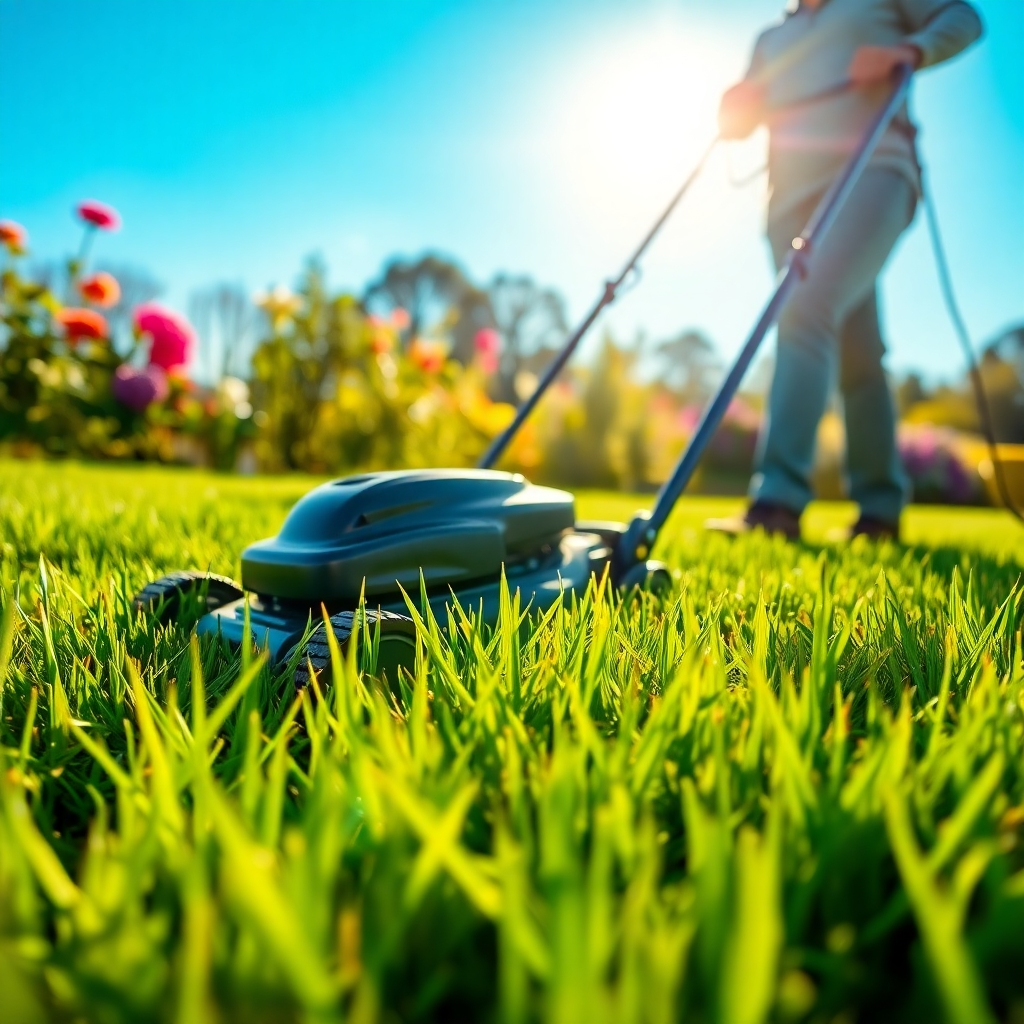 A photorealistic image showing a professional mowing a lush green lawn on a sunny day. The bright sun casts a warm glow on the scene, highlighting the rich texture of the grass. In the background, blooming flowers add color, and the sky is a brilliant blue, symbolizing perfect lawn care conditions. The focus includes the mower's detail, and soft shadows enhance the depth of the landscape. The resolution is 4K, with a crisp, clean presentation.