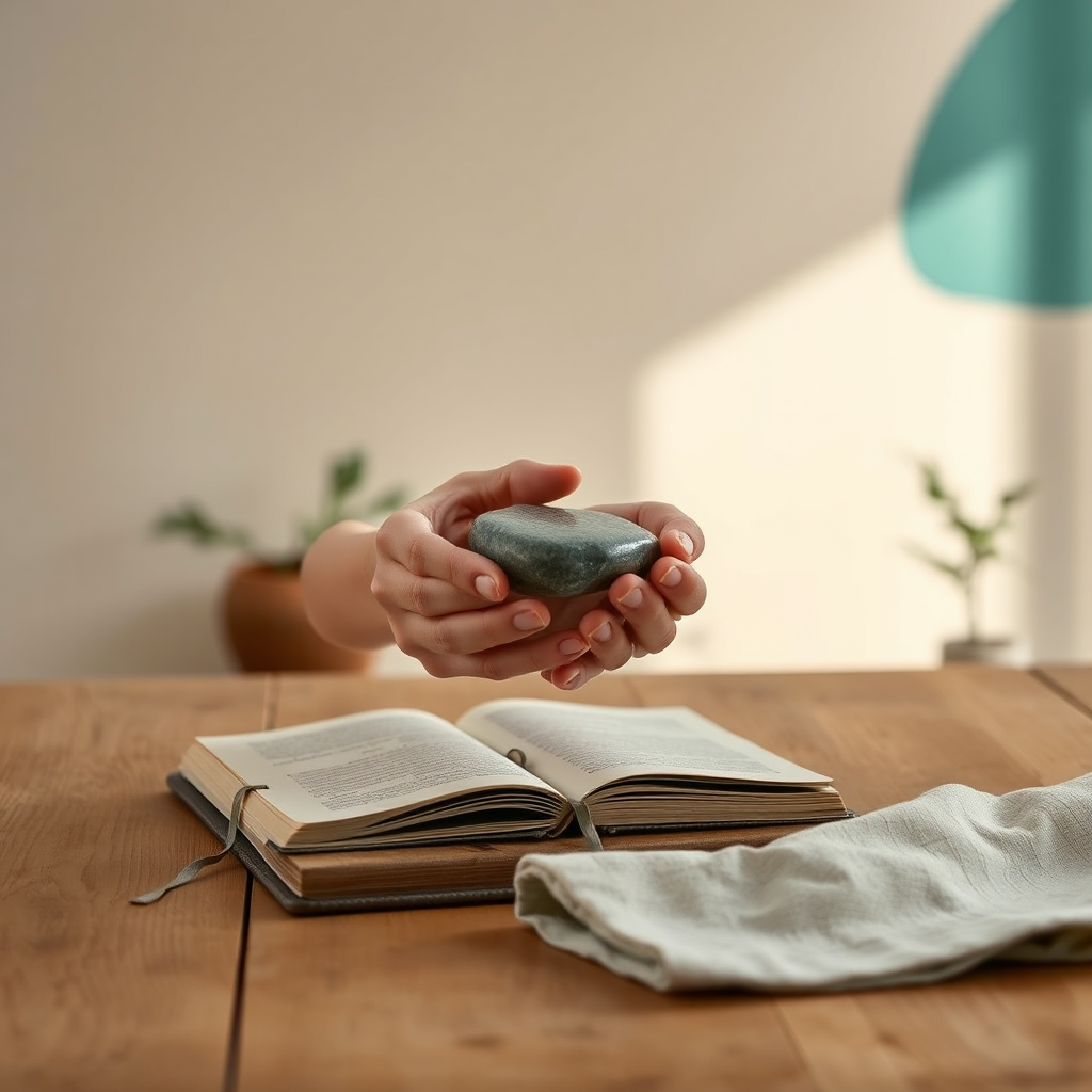 Hands holding a smooth stone over a journal