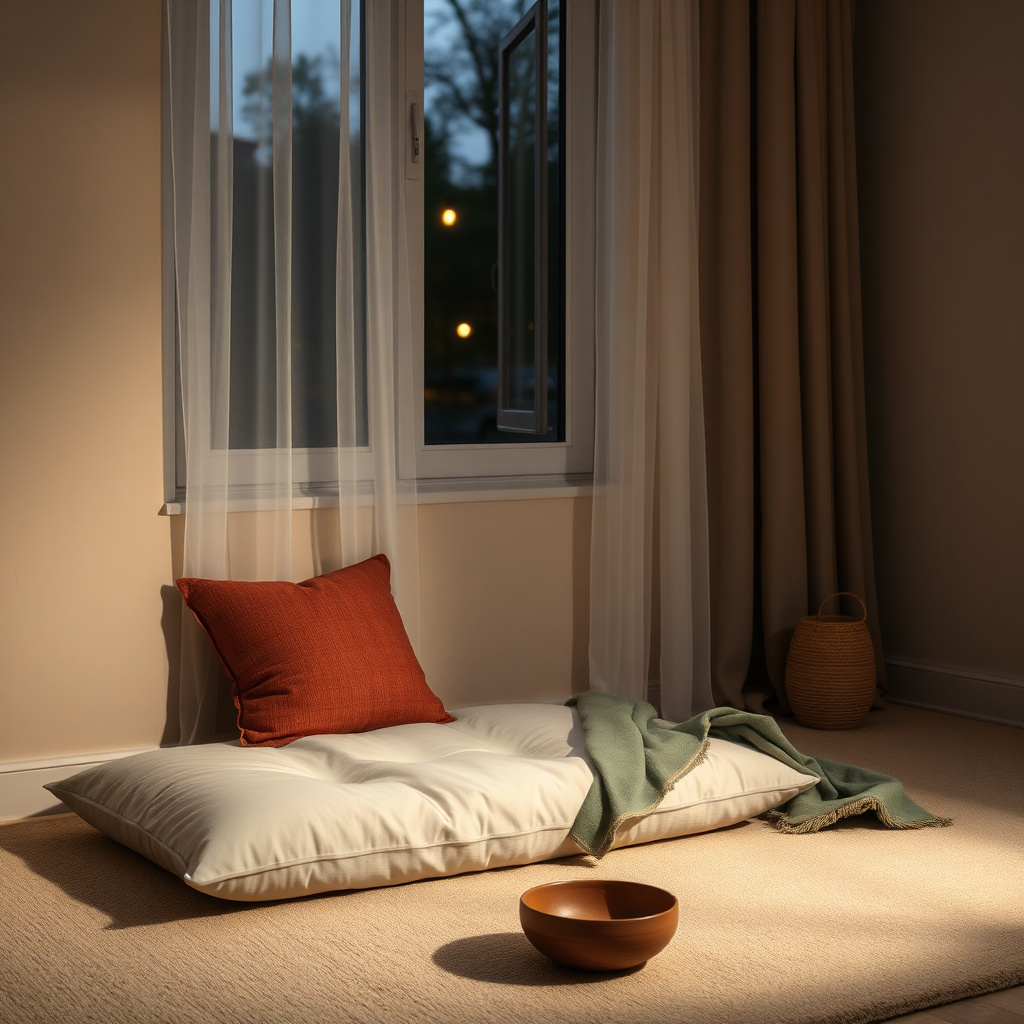 Quiet evening meditation corner by a window