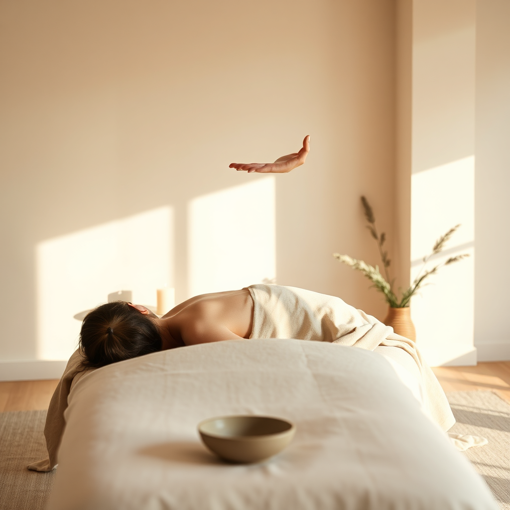 Hands offering Reiki above a resting client