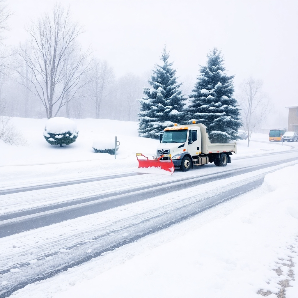 A serene winter scene showcasing a snow plow in action as it clears a driveway and sidewalks of freshly fallen snow. The bright white of the snow contrasts with the dark roadway, while a few evergreen trees in the background complete the winter landscape. Captured during a soft snowfall, this image embodies the comfort of a carefully maintained winter property. The camera angle captures the plow's movement, while ensuring details of snow textures and layers are visible. The image should have a 4K resolution for high-quality clarity.