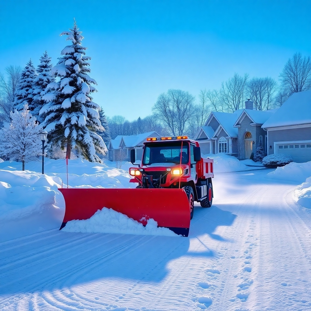 A striking image of a snow plow expertly clearing a driveway covered with snow. The snow has a glossy texture, reflecting light, while the surrounding trees and houses are blanketed in white. A beautiful cerulean sky serves as a backdrop, enhancing the cold yet comforting winter scene. The plow's detail and the skill of the operator should be highlighted, symbolizing effective snow removal. The final output should be in 4K for immaculate resolution and detail.