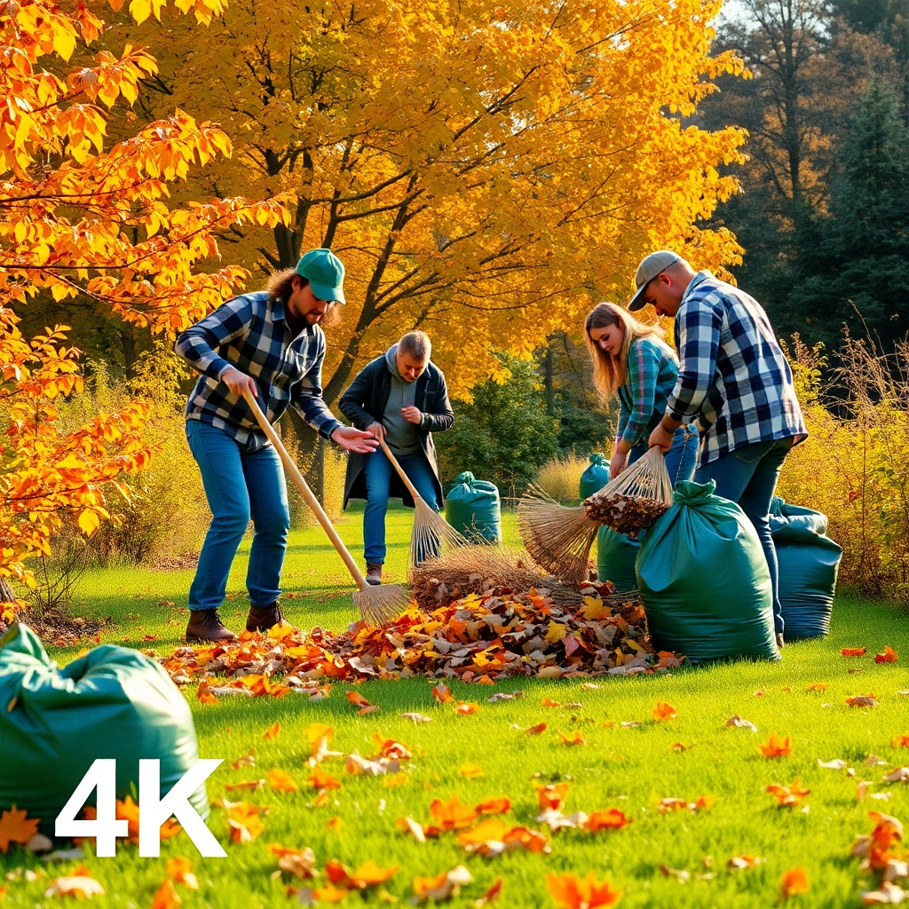 A vibrant image depicting a team engaged in a seasonal cleanup, raking leaves and gathering debris in a beautiful garden setting, with bright autumn foliage surrounding them. The warm light captures the golden hues of the leaves and the rich green of the grass, creating an inviting atmosphere. The composition includes various gardening tools and bags for debris collection, showcasing a professional cleanup process. An output of 4K resolution is chosen for a polished, high-quality image.