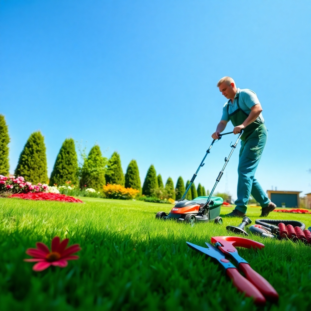 A well-manicured lawn with a team member expertly using a lawnmower. The composition captures the lush green grass, vibrant flower beds, and clear blue sky providing a backdrop of ideal lawn care conditions. Natural light enhances the colors and textures, emphasizing the care taken in maintaining the lawn. Tools and equipment are neatly arranged nearby, showcasing a professional environment. The image is designed for 4K resolution to ensure high quality.
